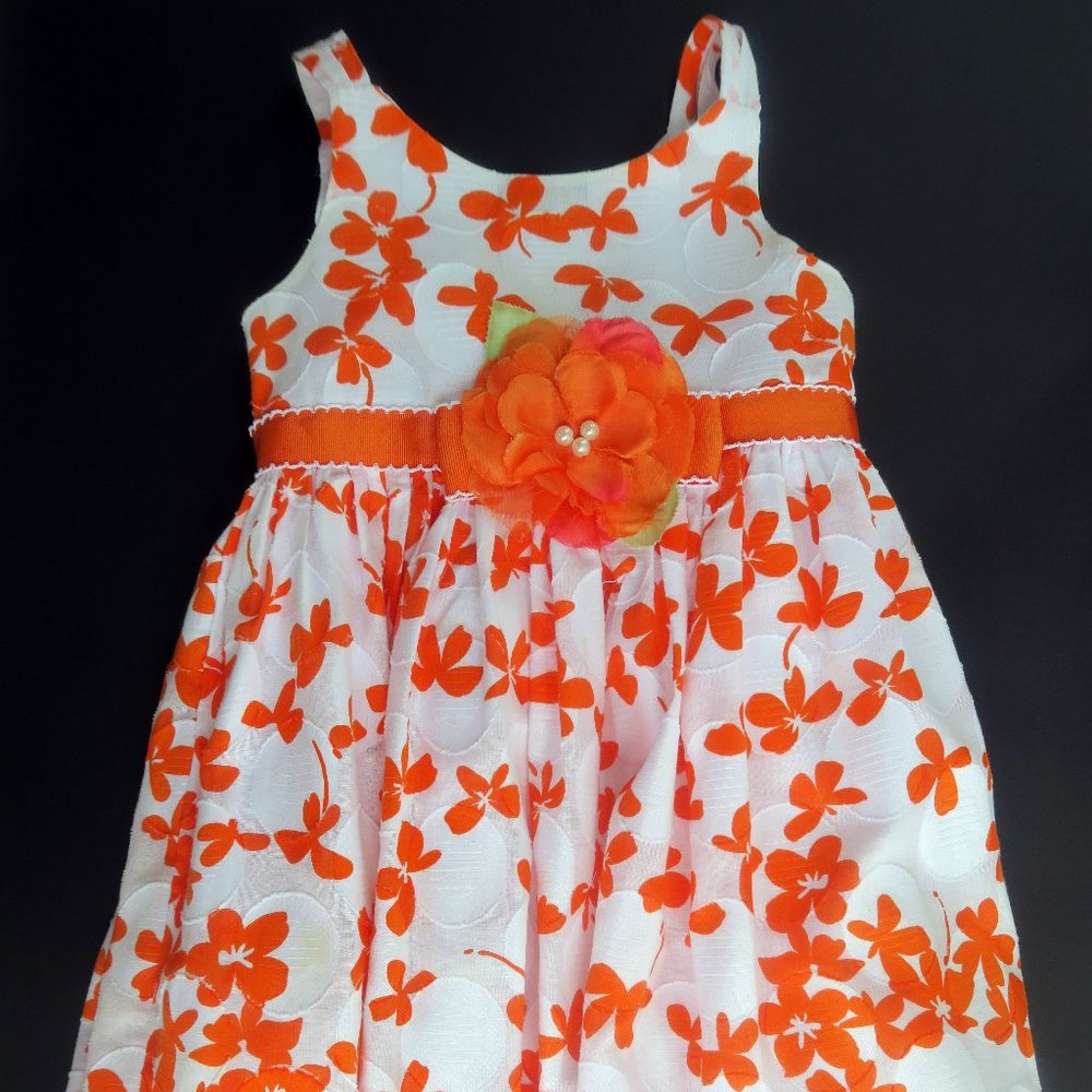 Sweet Heart Rose Girls Sz3 Summer Dress Sleeveless White Orange flowers Tie-belt